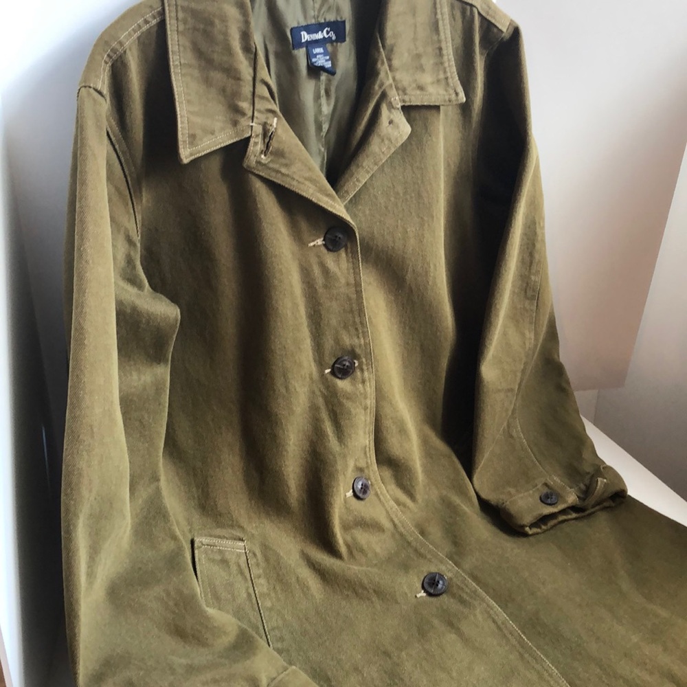 Denim & Co long heavyweight olive green denim jacket size Large - Picture 2 of 8